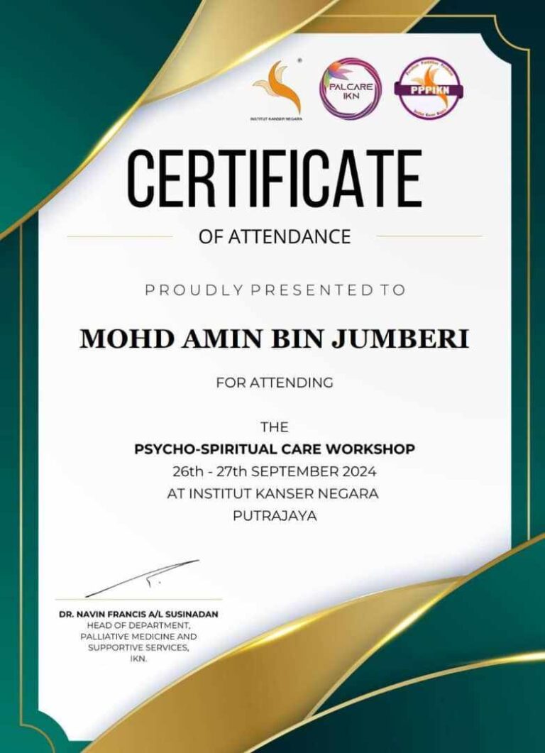 Sijil Penyertaan Psycho-Spiritual Care Workshop