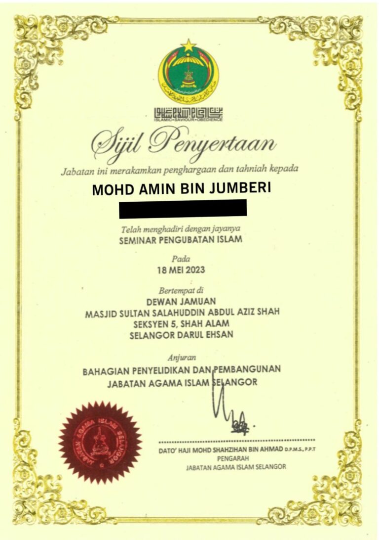 Sijil Penyertaan Seminar Pengubatan Islam Peringkat Negeri Selangor