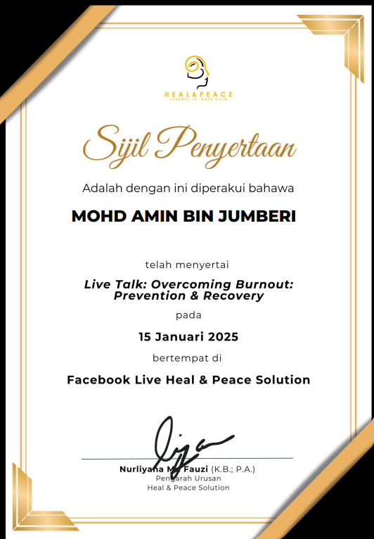 Sijil Penyertaan 'Overcoming Burnout: Prevention & Recovery'