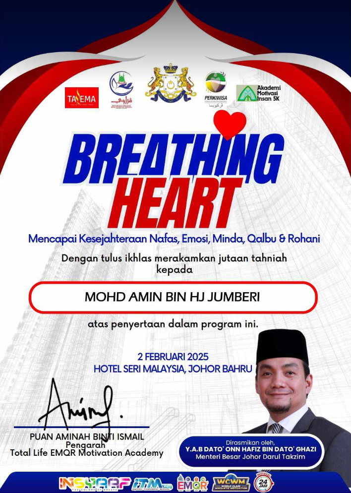 Sijil Penyertaan 'Breathing Heart: Mencapai Kesejahteraan Nafas, Emosi, Minda, Qalbu & Rohani'