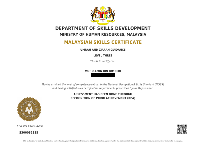 Malaysian Skills Certificate.Umrah And Ziarah Guidance.Department Of Skills Department.Ministry Of Human Reources, Malaysia.